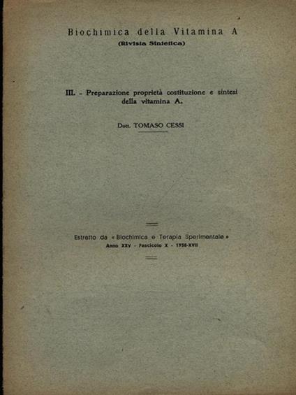Biochimica della vitamina A nota III. Estratto - copertina