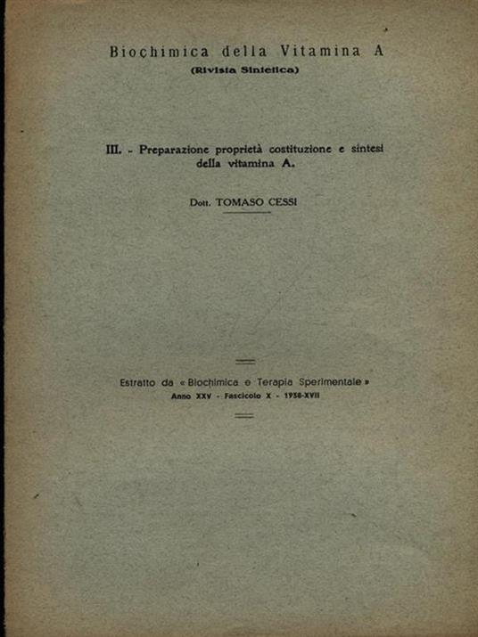 Biochimica della vitamina A nota III. Estratto - copertina