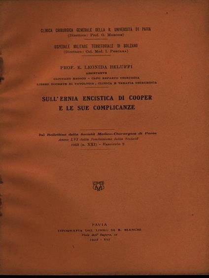 Sull'ernia encistica di Cooper e le sue complicanze - Estratto - Leonida Beluffi - copertina