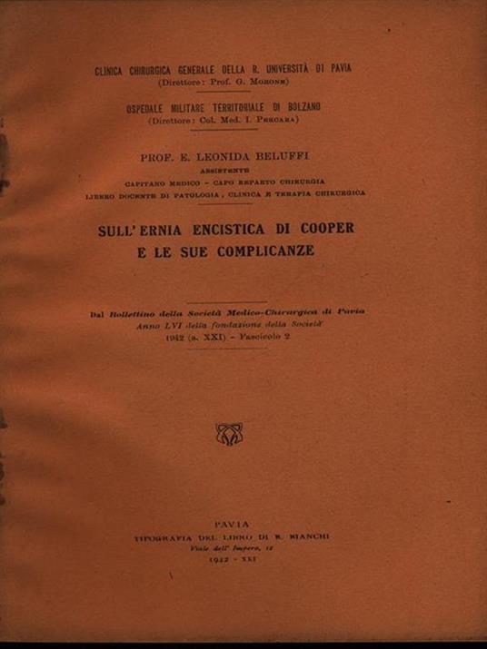 Sull'ernia encistica di Cooper e le sue complicanze - Estratto - Leonida Beluffi - copertina