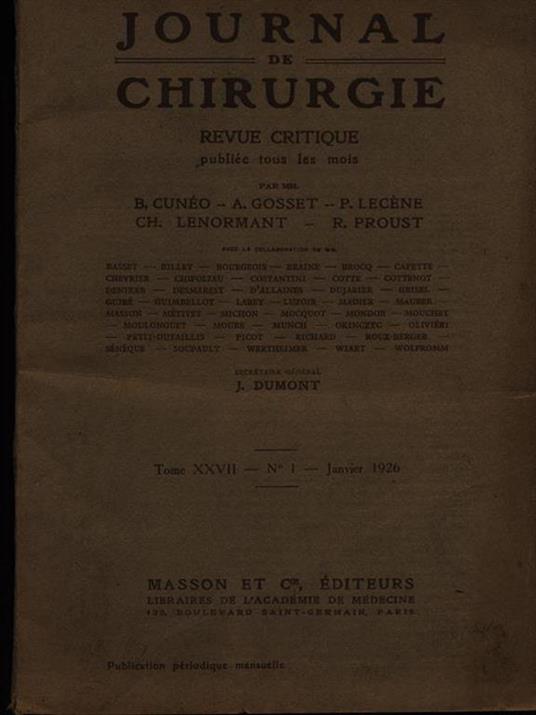 Journal de chirurgie tome XXVII n. 1/Janvier 1926 - copertina