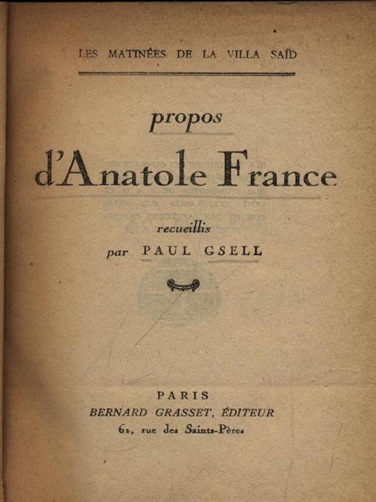 Propos d'Anatole France - Paul Gsell - copertina