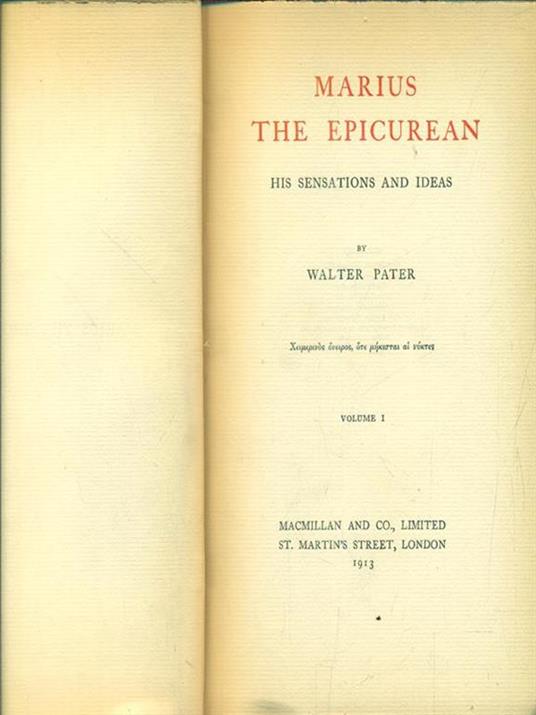 Marius the Epicurean. Vol I - Walter Pater - copertina