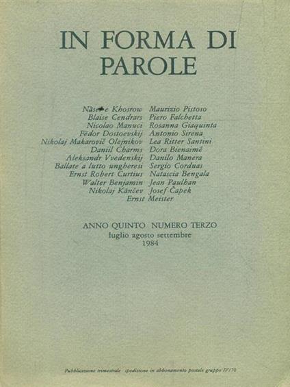In forma di parole. Anno quinto. Numero terzo. Luglio agosto settembre 1984 - copertina