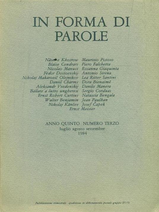 In forma di parole. Anno quinto. Numero terzo. Luglio agosto settembre 1984 - copertina
