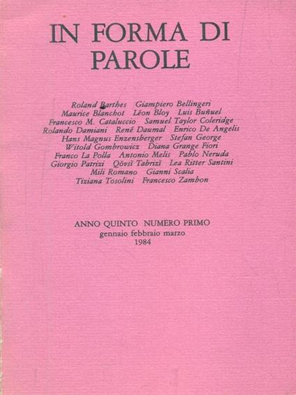 In forma di parole. Anno quinto. Numero primo. Gennaio febbraio marzo 1984 - copertina