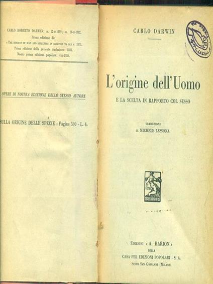 L' origine dell'uomo - Charles Darwin - copertina