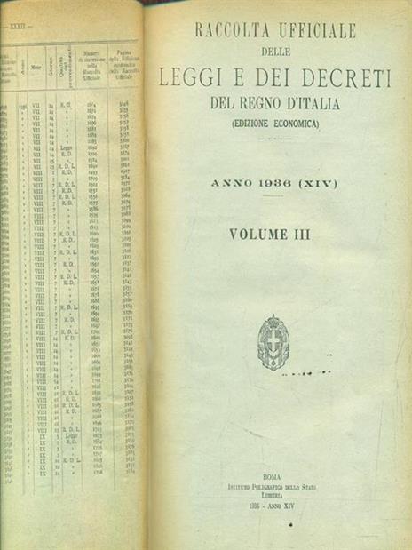 Raccolta delle leggi e decreti del regno d'Italia. Anno 1936. Volume III - copertina