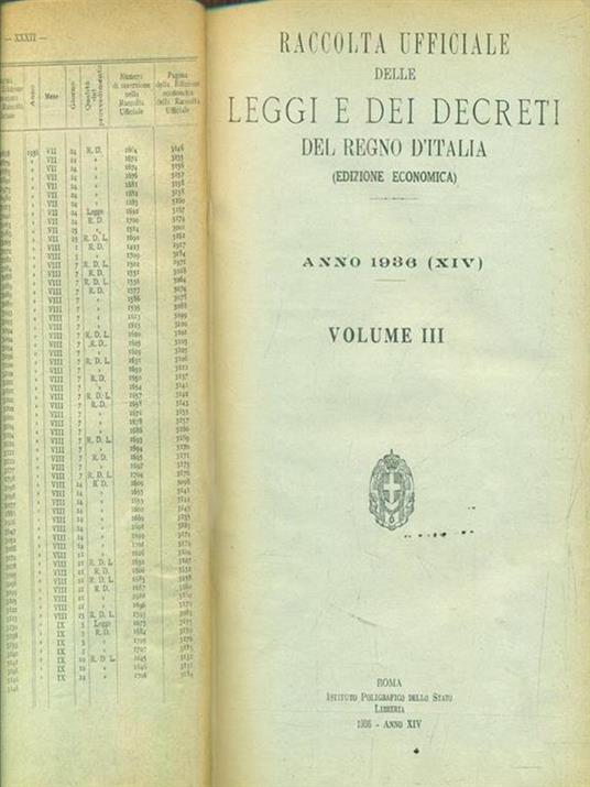 Raccolta delle leggi e decreti del regno d'Italia. Anno 1936. Volume III - copertina