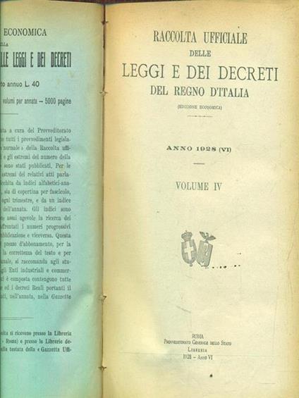 Leggi e decreti del regno d'Italia. Anno 1928. Vol IV - copertina
