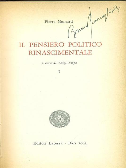 Il pensiero politico rinascimentale. Vol 1 - Pierre Mesnard - copertina
