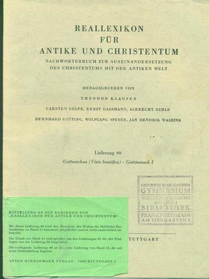 Reallexikon für Antike und Christentum. Lieferung 89/ Gottmensch I - copertina