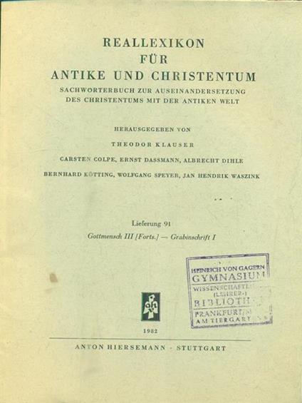 Reallexikon für Antike und Christentum. Lieferung 91/ Gottmensch I- Grabinschrift I - copertina
