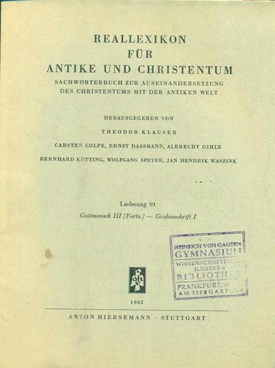 Reallexikon für Antike und Christentum. Lieferung 91/ Gottmensch I- Grabinschrift I - copertina