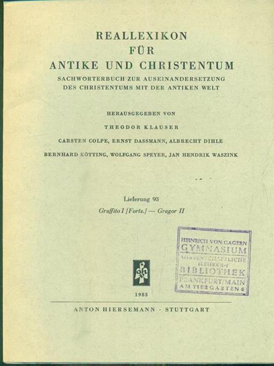 Reallexikon für Antike und Christentum. Lieferung 93/ Graffito I- Gregor II - copertina