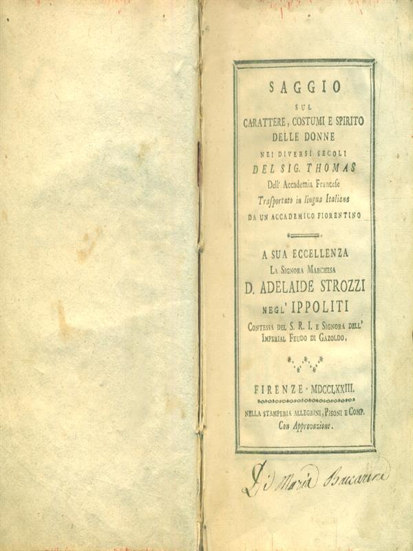 Saggio sul Carattere, Costumi e Spirito delle Donne nei diversi secoli