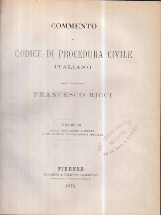 Commento al codice di procedura civile italiano vol III - Francesco Ricci - copertina