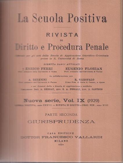 La scuola positiva. RIvisa di diritto e procedura penale vol IX 1929 - copertina