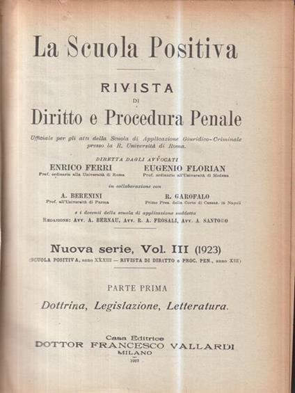 La scuola positiva. RIvisa di diritto e procedura penale vol III 1923 - copertina