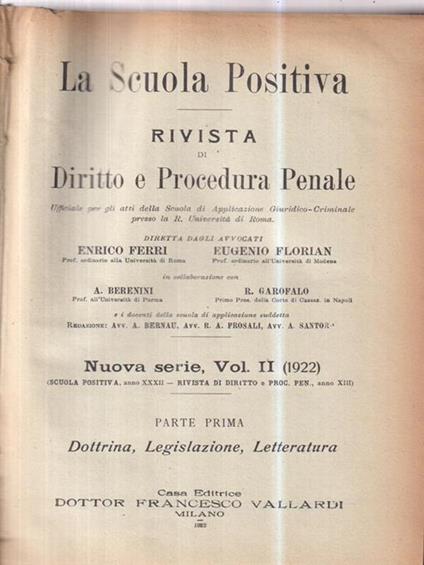 La scuola positiva. RIvisa di diritto e procedura penale vol II 1922 - copertina