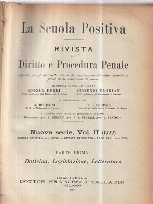 La scuola positiva. RIvisa di diritto e procedura penale vol II 1922 - copertina