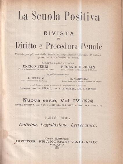 La scuola positiva. RIvisa di diritto e procedura penale vol IV 1924 - copertina