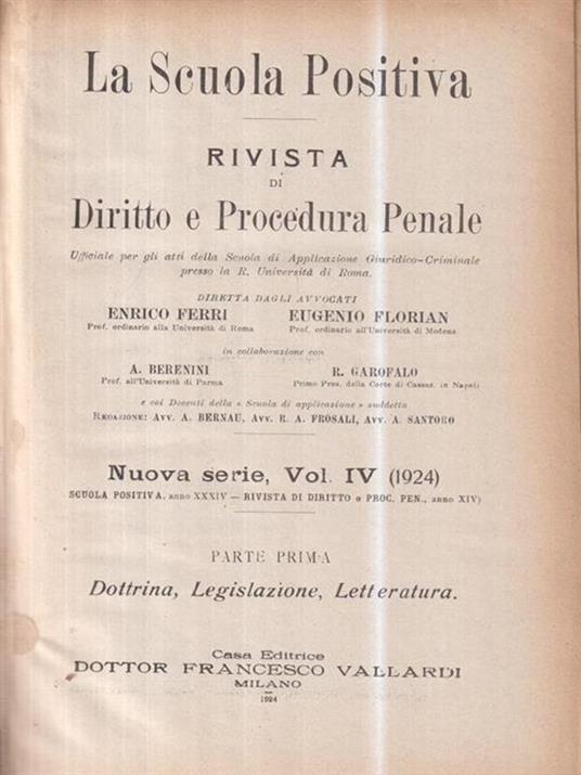 La scuola positiva. RIvisa di diritto e procedura penale vol IV 1924 - copertina