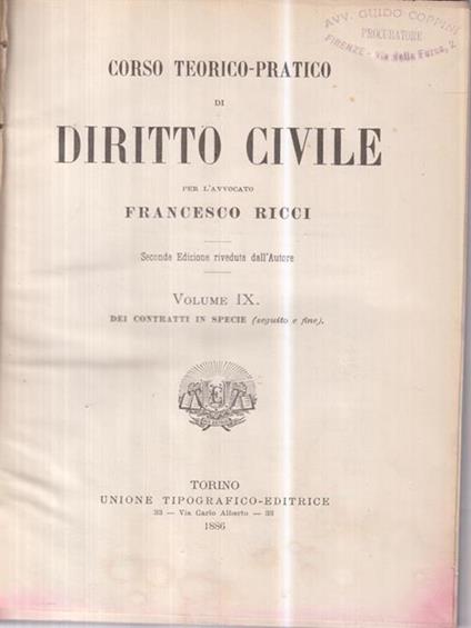Corso teorico pratico di diritto civile vol IX - Francesco Ricci - copertina