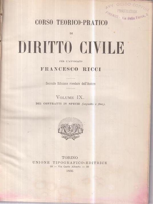 Corso teorico pratico di diritto civile vol IX - Francesco Ricci - copertina