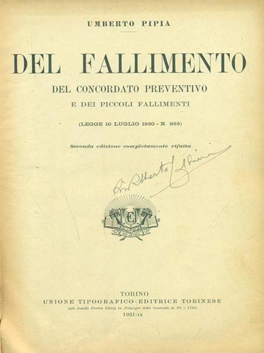 Del fallimento del concordato preventivo - Umberto Pipia - copertina