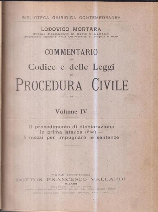 Commentario del codice e delle leggi di procedura civile vol IV - Lodovico Mortara - copertina
