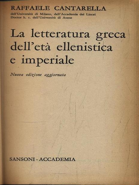 La letteratura greca dell'età ellenistica e imperiale - Raffaele Cantarella - copertina