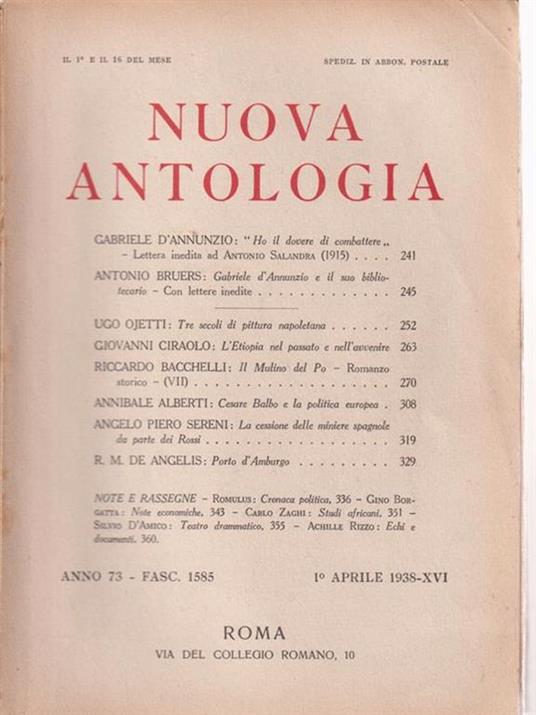   Nuova Antologia Anno 73 - Fasc. 1585 / 1 aprile 1938 - copertina