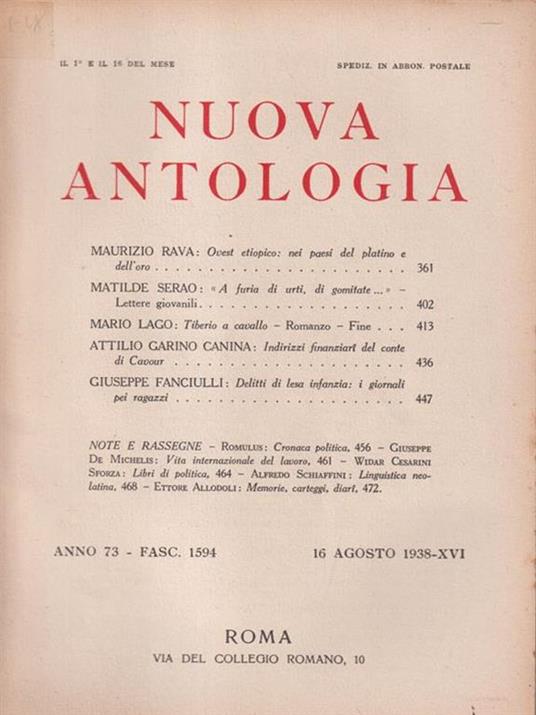   Nuova antologia anno 73 16 agosto 1938 - Luigi Federzoni - copertina