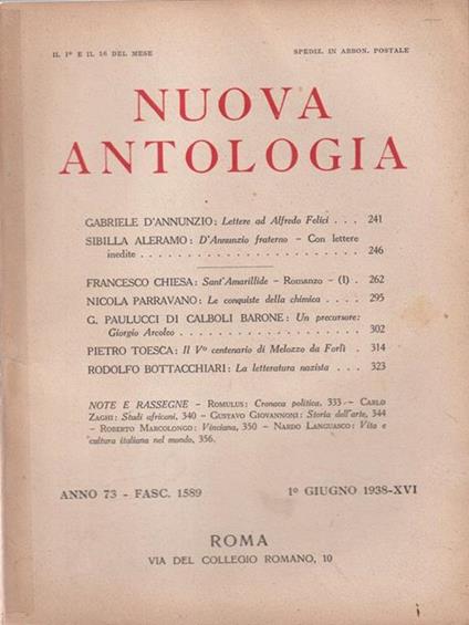   Nuova antologia anno 73 1 giugno 1938 - Luigi Federzoni - copertina