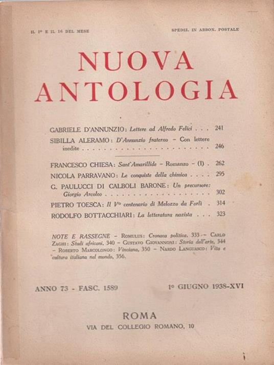   Nuova antologia anno 73 1 giugno 1938 - Luigi Federzoni - copertina