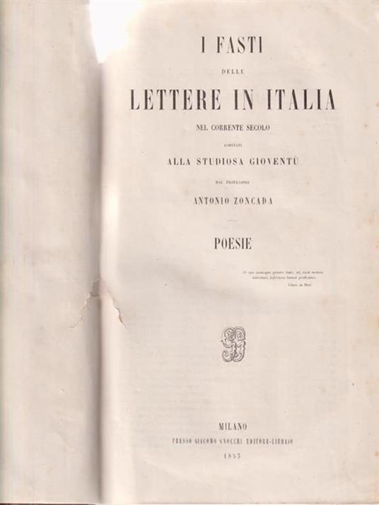 I fasti delle lettere in Italia. Poesie - Antonio Zoncada - copertina