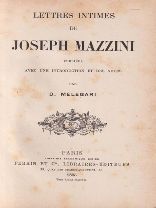   Lettres intimes de Joseph Mazzini - D. Melegari - copertina