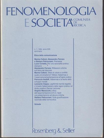   Fenomenologia e società n.1, 1994, anno XVII - copertina