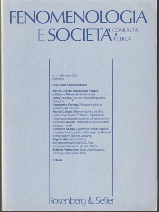   Fenomenologia e società n.1, 1994, anno XVII - copertina