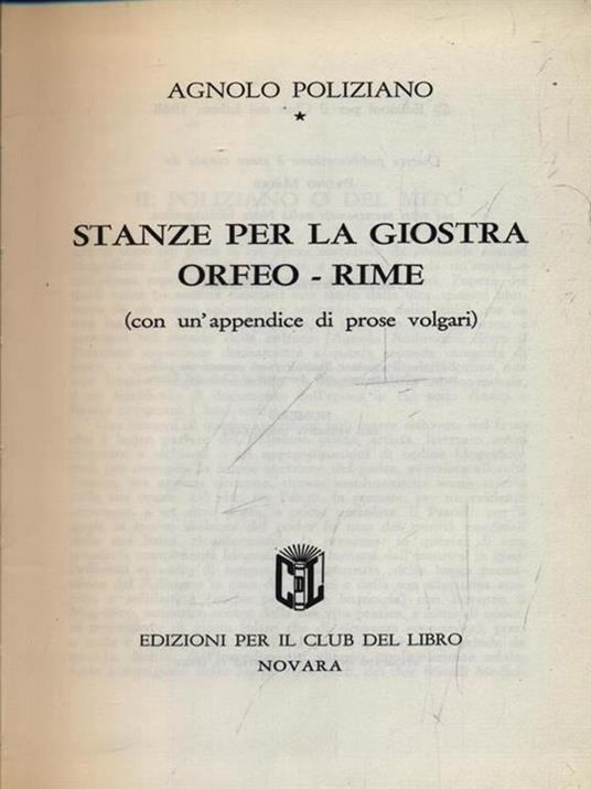 Stanze per la giostra Orfeo Rime - Angelo Poliziano - copertina