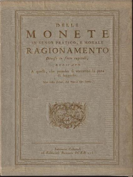 Delle monete in senso pratico morale - Dell’origine e del commercio della moneta - copertina