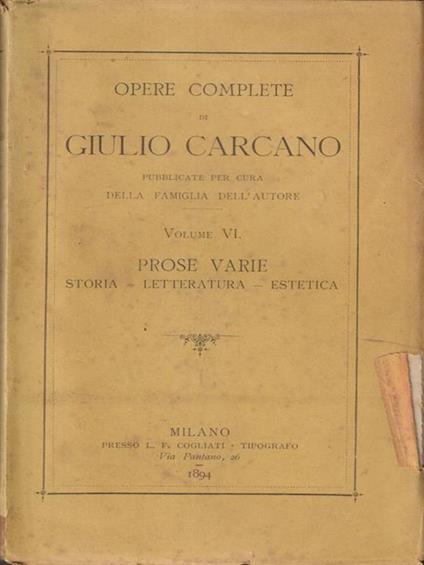 Opere complete di Giulio Carcano Volume VI - Giulio Carcano - copertina