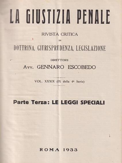 La giustizia Penale 1933 leggi speciali parte 3 - copertina
