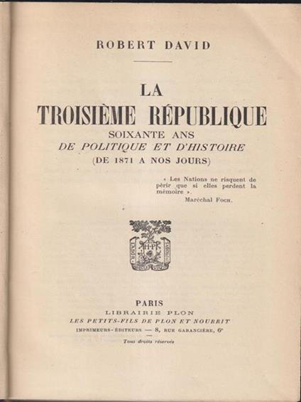 Le troisieme republique - Robert David - copertina