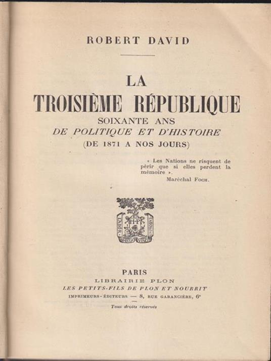 Le troisieme republique - Robert David - copertina