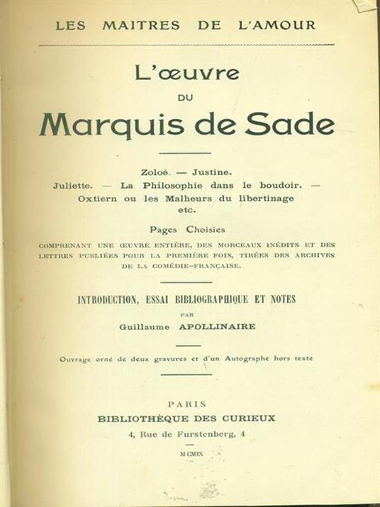 L' oeuvre du Marquis de Sade - Guillaume Apollinaire - copertina
