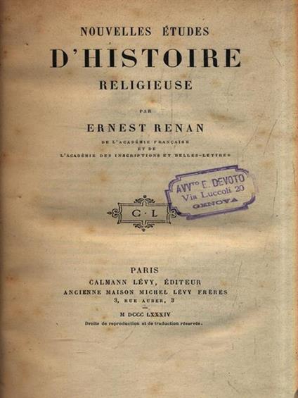 Nouvelles études d'histoire religieuse - Ernest Renan - copertina