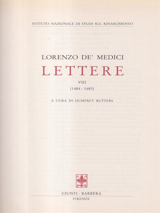 Lorenzo Dè Medici Lettere VIII - Humfrey Butters - copertina