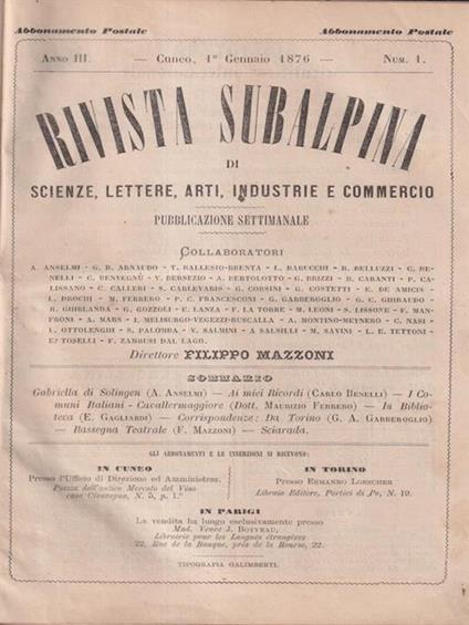 Rivista subalpina dal n. 1 al 26 escluso il n. 10 (gennaio - giugno 1876) - Filippo Mazzonis - copertina